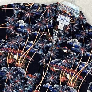 VTG Kai Nani Hawaiian Shirt Mens M Black Blue Palms AOP Beach Tropical Aloha USA